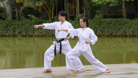 hombre enseñando artes marciales a un joven estudiante