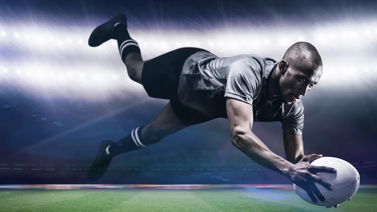 경기장 위 에 공 을 들고 있는 아프리카계 미국인 남성 럭비 선수 의 애니메이션