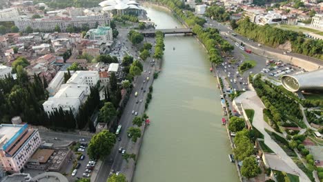 beautiful architecture and bridges of tbilisi city, aerial view