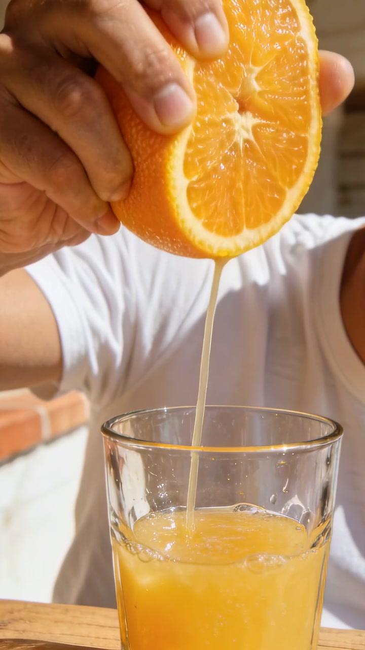 Vertical video: Squeezing right hand pressing halved orange over patio, filling glass, white tee