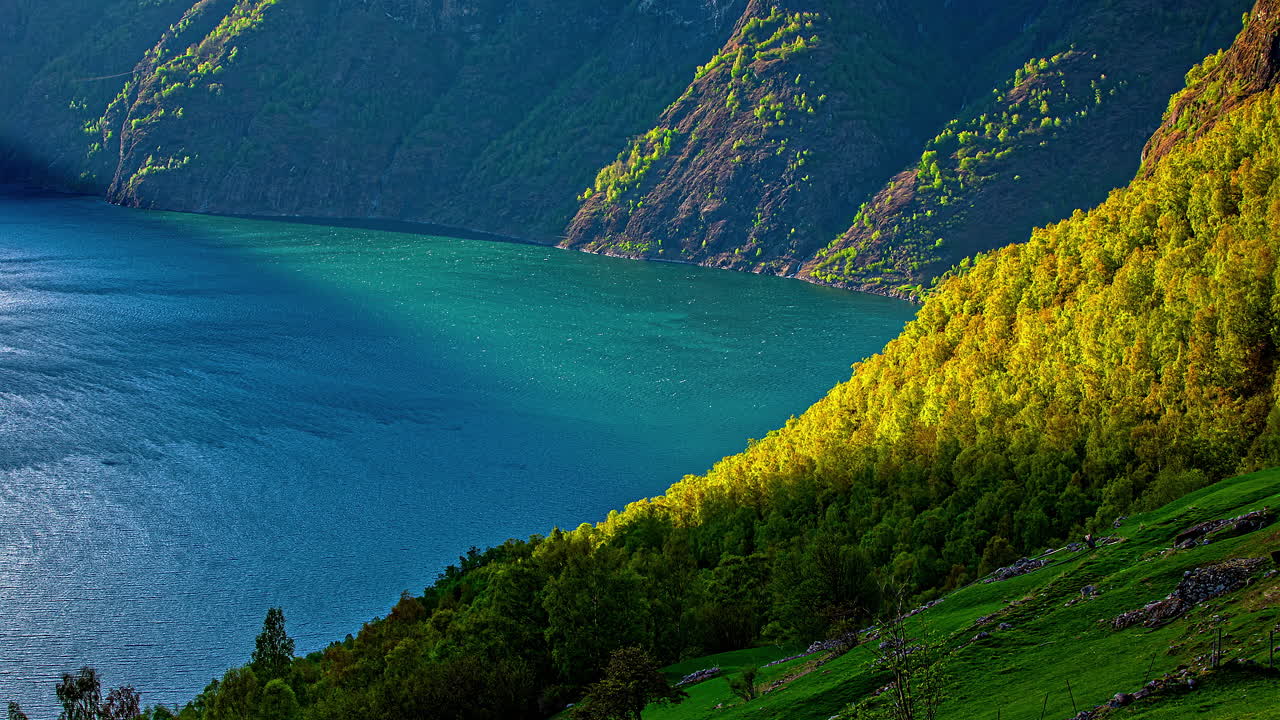toma de lapso de tiempo de la corriente que fluye rápidamente del fiordo noruego durante el día soleado entre montañas verdes en otoño