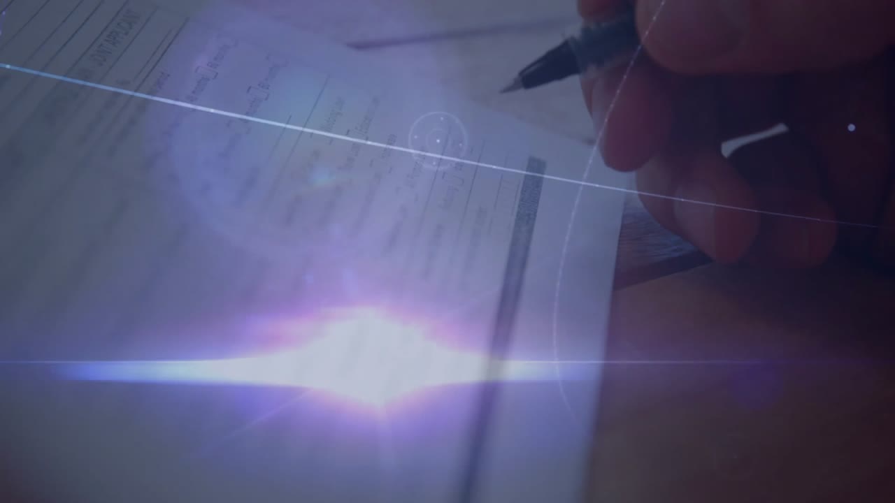 Right hand tapping form tracing text while digital overlay mapping data paths, purple flare glowing