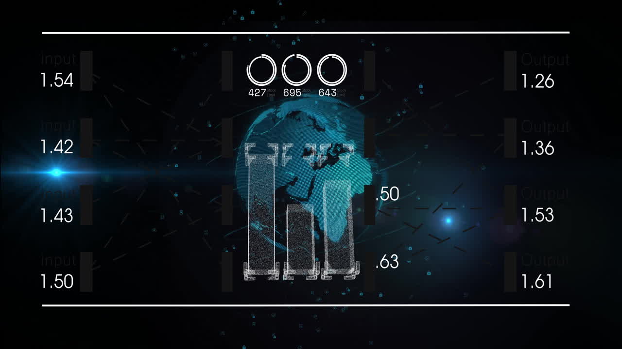 Digital world map with data processing animation over futuristic interface elements