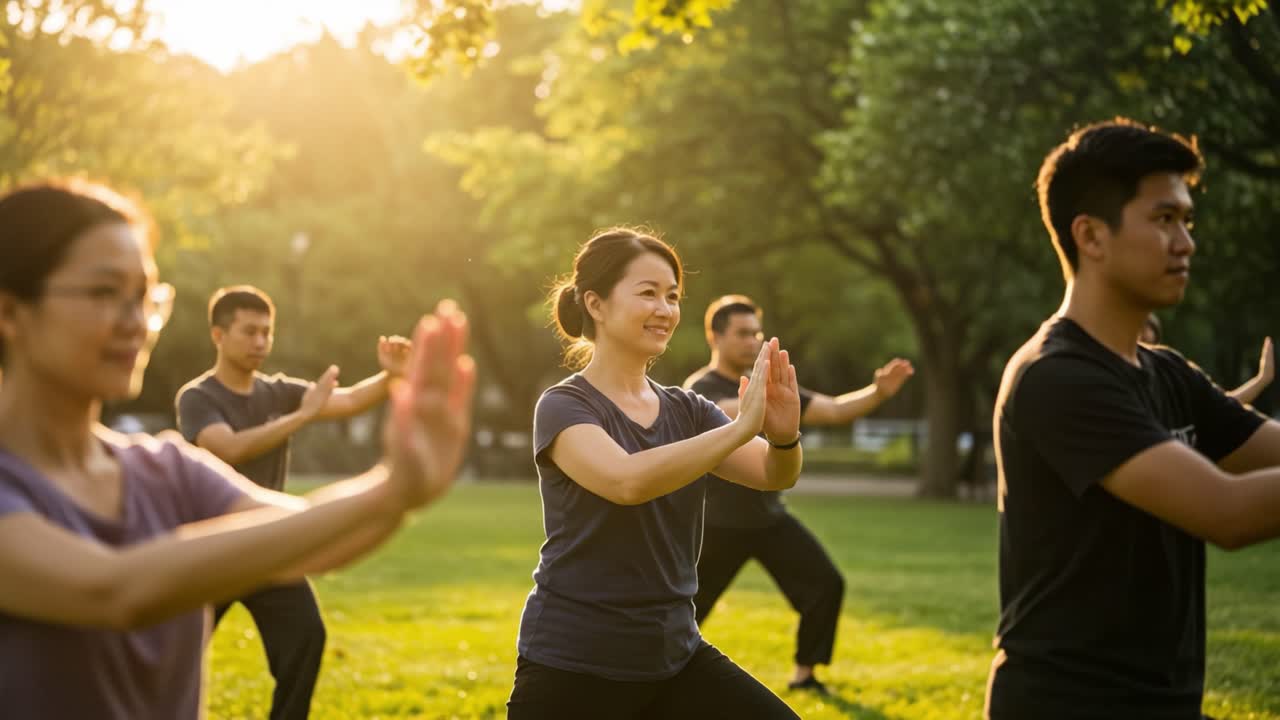 Group Practicing Tai Chi in a Sunlit Park, Emphasizing Harmony, Balance, and Meditation Through Series of Graceful Movements and Focused Poses in Nature