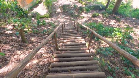 bajando escaleras de madera en cámara lenta