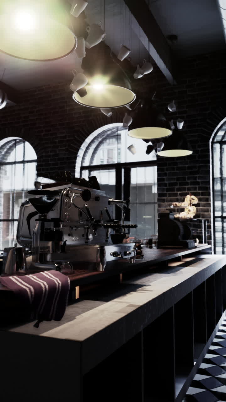 Interno di una caffetteria moderna con macchina da caffè espresso e parete in mattoni