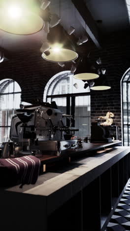 modern coffee shop interior with espresso machine and brick wall