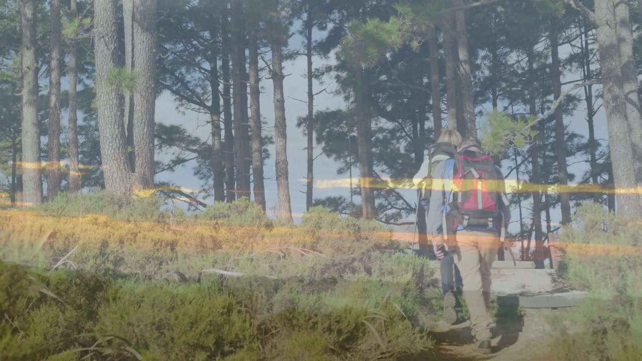 Mann und Frau beginnen eine Wanderung zu einem Holzsteg, tragen rote Rucksäcke, während Sonnenlicht einen warmen Lichtschein erzeugt.