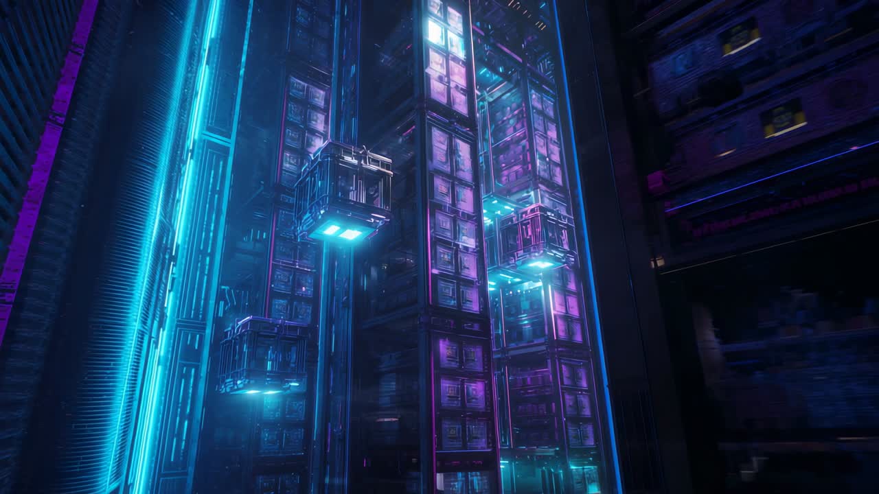 Cycling three platforms carrying glowing crates ascending along column in data center, neon lights