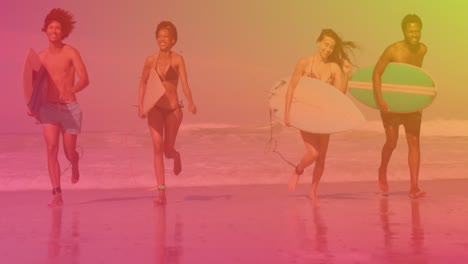 Animation-of-diverse-group-of-happy-people-at-beach-running-with-surfboards-over-colourful-light