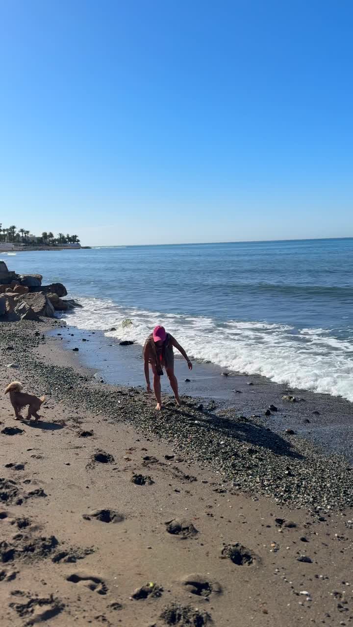 mujer y perro jugando en la playa