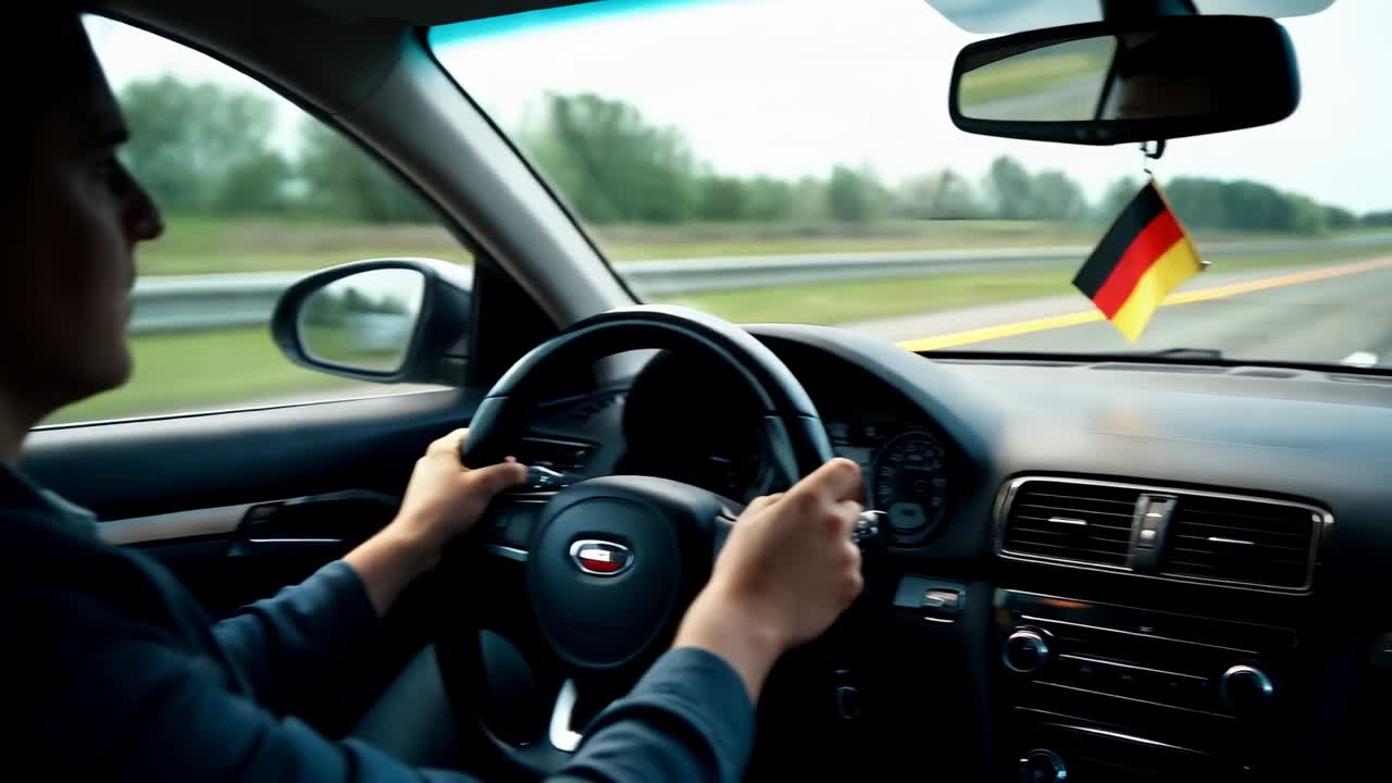 Camera panning showing driver in dark hoodie, gripping wheel, holding lane on road with German flag