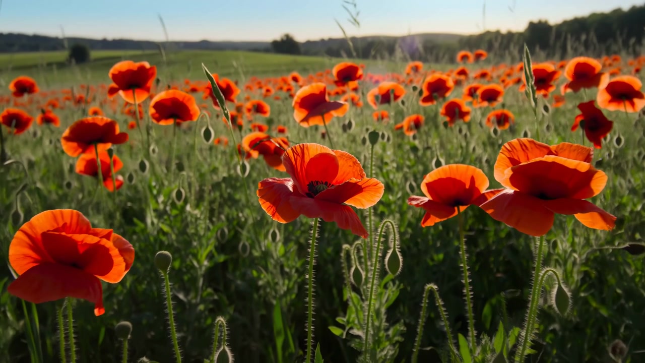 Papaveri rosso vivo si muovono dolcemente tra steli verdi attraverso il campo mentre la luce del sole illumina petali delicati, con fiori a strati che si estendono verso l'orizzonte lontano in un tranquillo ambiente di campagna.
