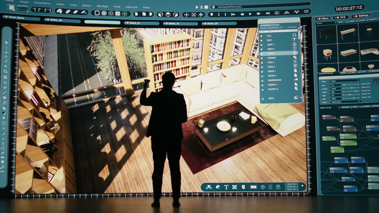 Silhouette of Architect Interacting with 3D Interior Design Software on Large Screen