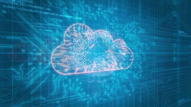 Neon cloud icon floating in animated illustration over translucent brain hologram on circuit grid