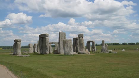 close up view to the stonehenge a prehistoric megalithic structure on salisbury plain in wiltshire england. steady camera , blue sky with some clouds in the background and some tourists.