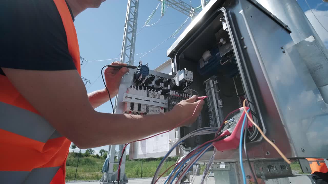 los ingenieros eléctricos inspeccionan los sistemas eléctricos en el gabinete de control de equipos