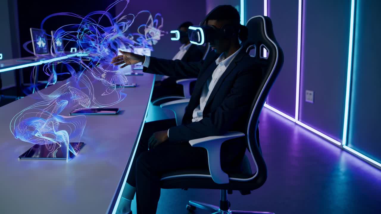 Side angle view of people in VR headsets in a neon-lit room, exploring virtual worlds