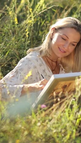 a serene scene shows a woman immersed in her art in a lush green setting fully embracing nature and a serene scene shows a woman immersed in her art in a lush green setting fully embracing nature and creativity