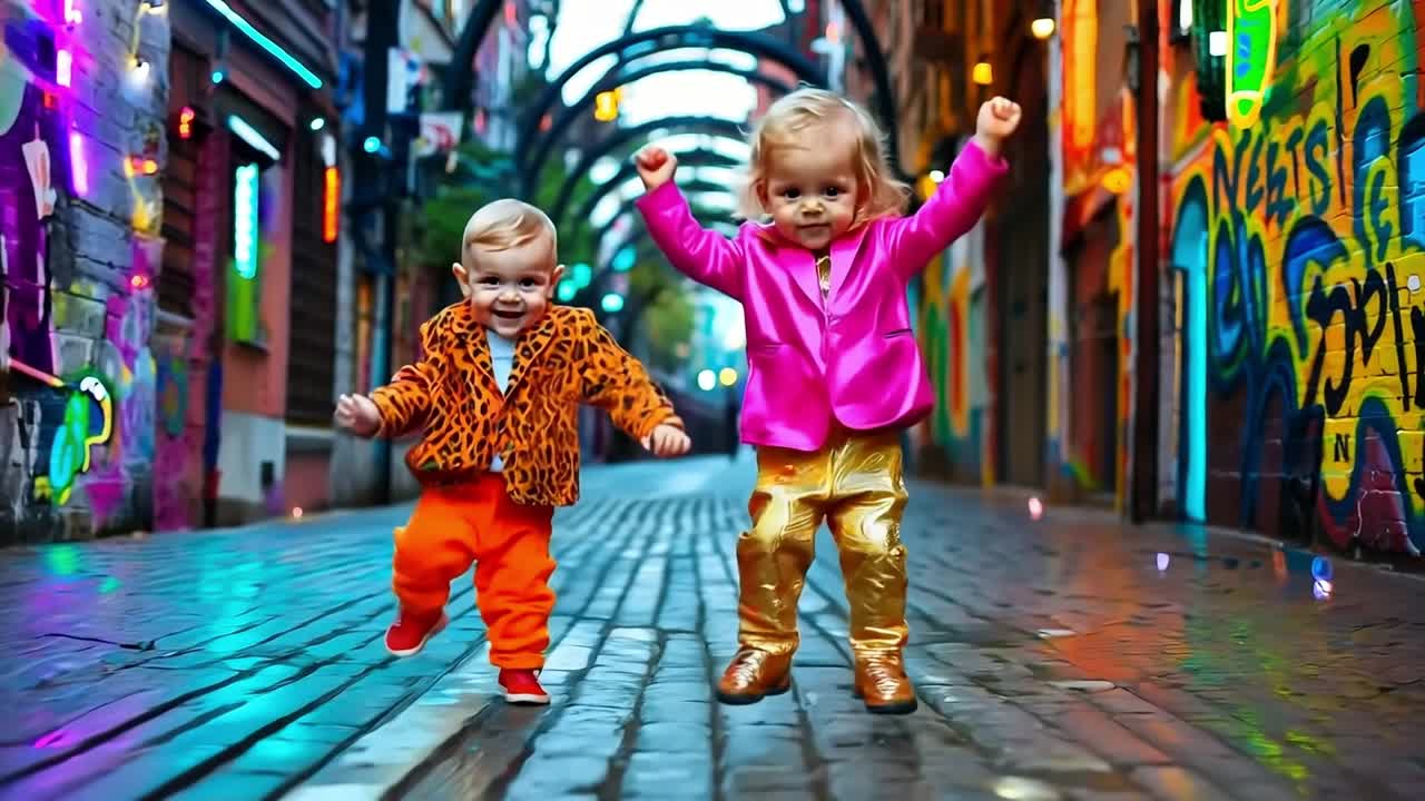 dos niños pequeños están corriendo por una calle por la noche