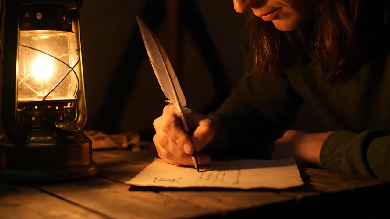 Uomo che scrive con una penna d'oca accanto a una lampada a olio