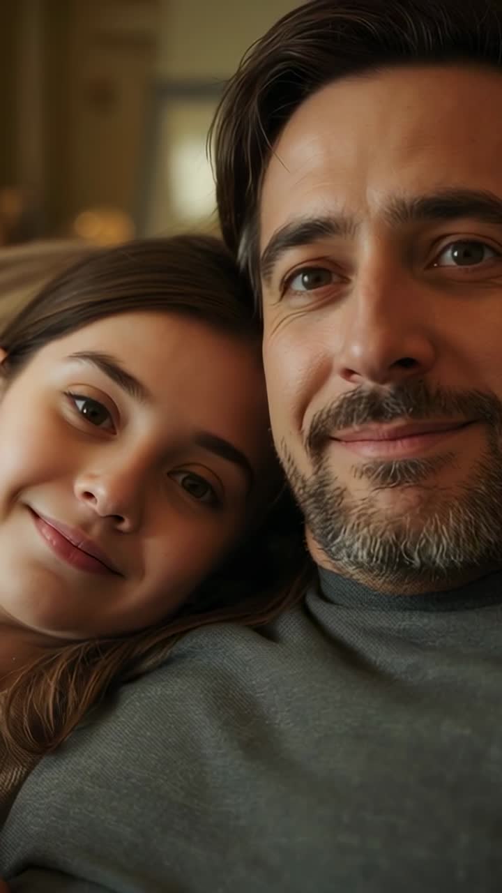 Vídeo vertical: Pai e filha inclinados e sorrindo, gravando com uma câmera no sofá, vestindo blusa cinza.