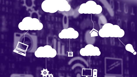 animación de nubes e iconos digitales en línea sobre fondo púrpura