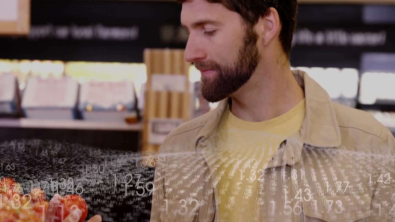 Man reaching market, handling and inspecting tomato for ripeness while price overlays