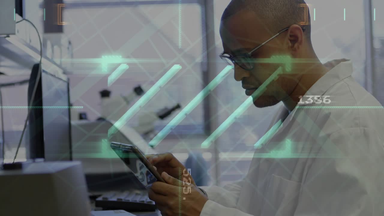Lab technician holding tablet and tapping with thumbs, activating HUD while analyzing lab data