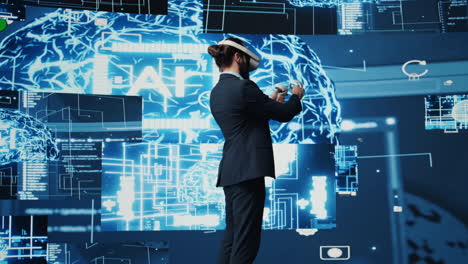Modern businessman uses virtual reality gadget next to neural network system