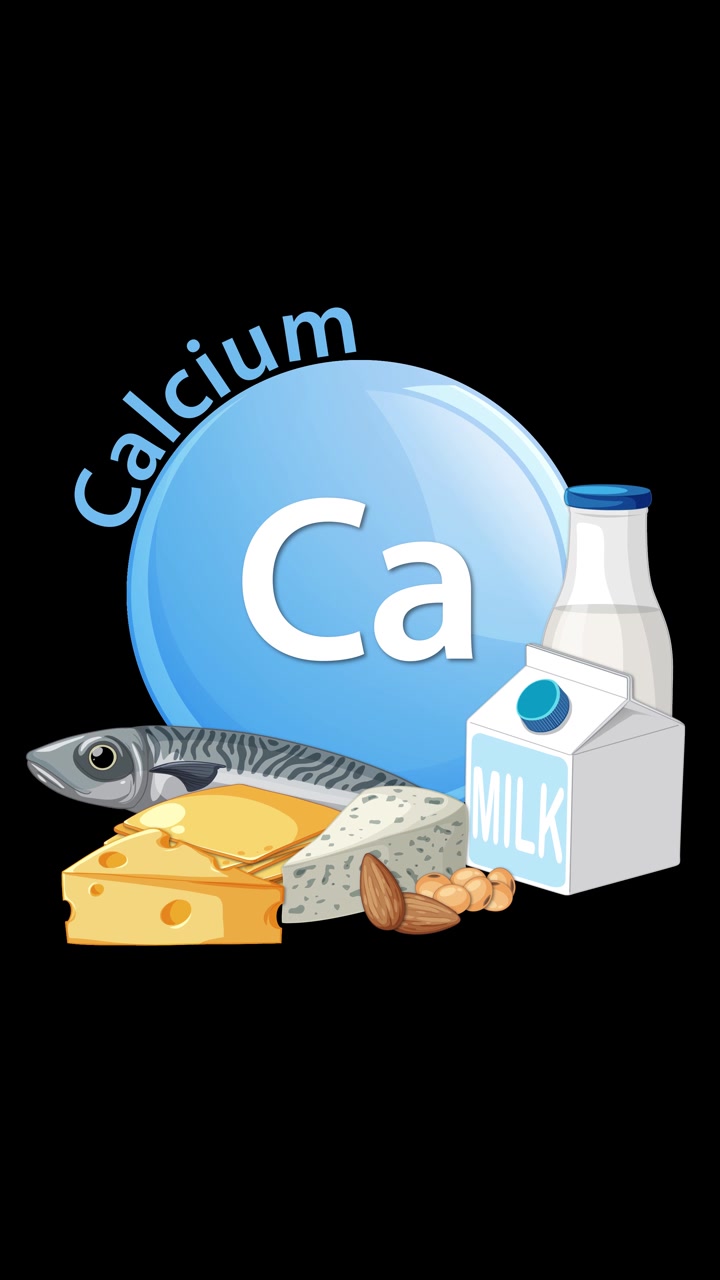Icona dell'elemento calcio blu gradualmente circondata da pesce, formaggio, latte, mandorle e tofu, con transizioni fluide e una composizione pulita e verticale su sfondo nero.