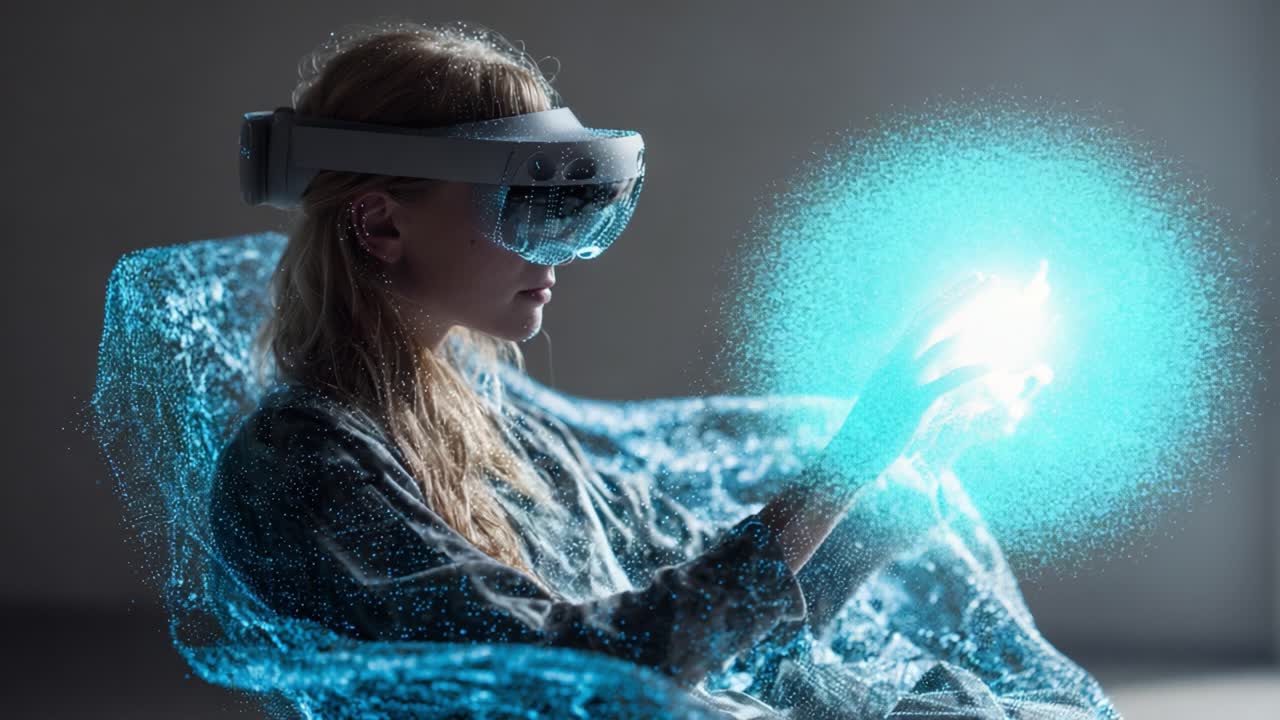 A young woman experiences an immersive virtual reality environment, wearing a cutting-edge VR headset, as she reaches out to interact with a vibrant digital projection of swirling particles and light