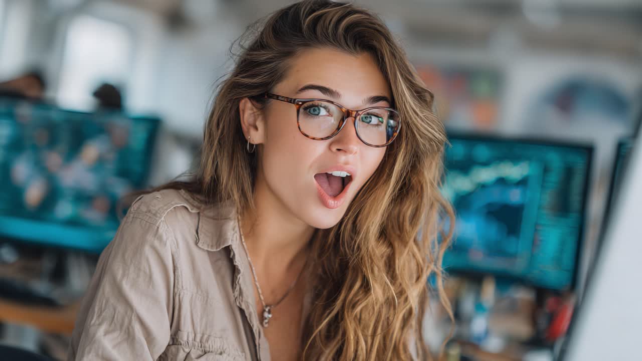 Una giovane donna sorpresa con gli occhiali esprime entusiasmo in uno spazio di lavoro moderno, circondata da tecnologia e visualizzazione di dati visivi