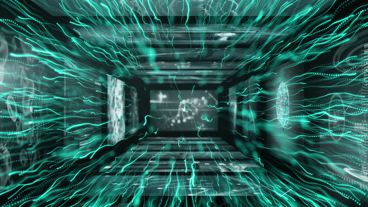Animation of dna strand spinning and scientific data processing with blue light trails