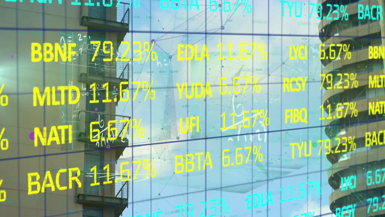 Financial data over city buildings.