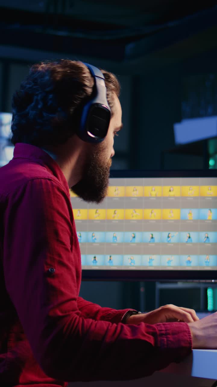 Video verticale di un freelancer che usa un programma di ritocco fotografico e ascolta musica in cuffia