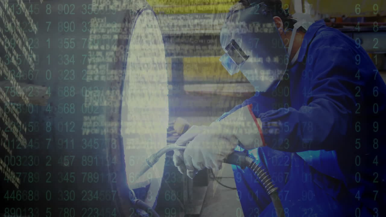 Man wearing welding helmet grinding metal workpiece in industrial plant showing green code overlay