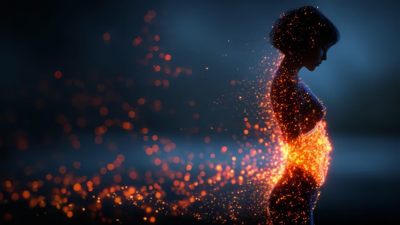 Una silueta cautivadora de una mujer rodeada por un brillo místico de ascuas centelleantes, evocando una sensación de transformación y luz interior en una atmósfera etérea.