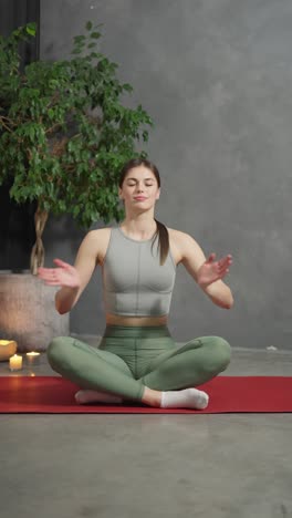 vertical video of a sporty and calm brunette girl with a gray top and green pants sitting in the lotus position and doing yoga on a red carpet near her with candles and a houseplant in a modern apartment at home