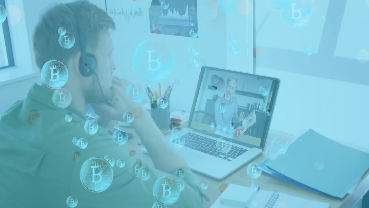 비디오 통화에서 백인 남성 위에 비트코인 기호의 애니메이션