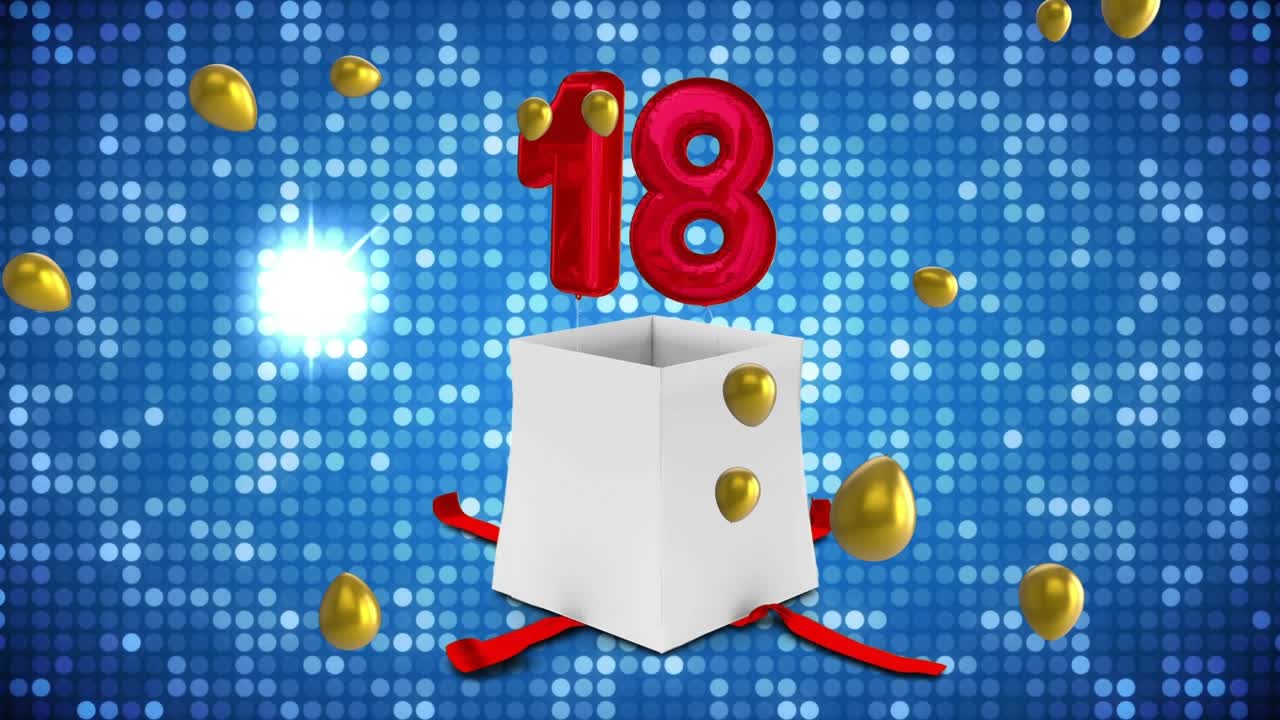 Animazione di una confezione regalo che si apre con palloncini rossi e dorati con il numero 18 su uno sfondo di luci blu intermittenti
