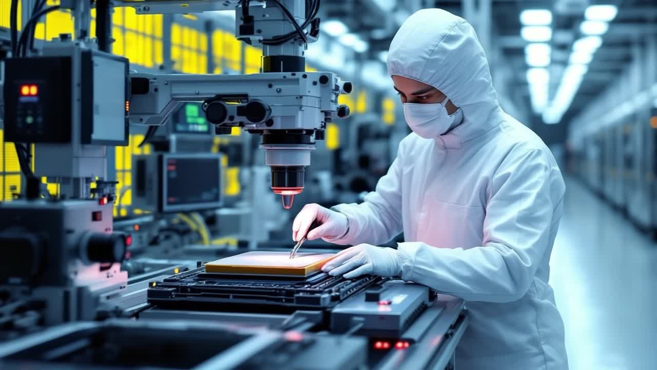 Manufacturing worker in sterile cleanroom suit checking semiconductor wafers during precision electronic production process
