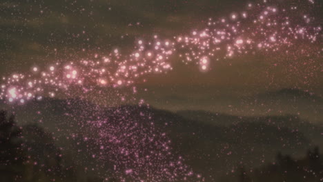 animation of shooting star and snow falling over mountains on brown background