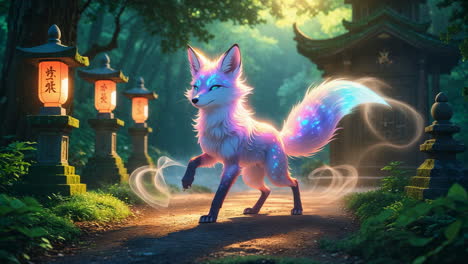 a magical kitsune on an enchanted forest path