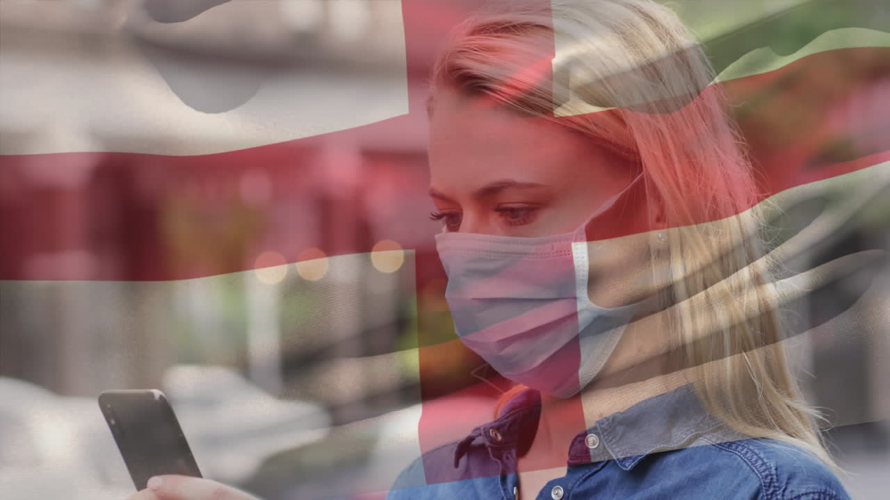 도시 거리에서 얼굴 마스크를 쓰고 있는 백인 여성이 영국 국기를 흔들고 있는 애니메이션