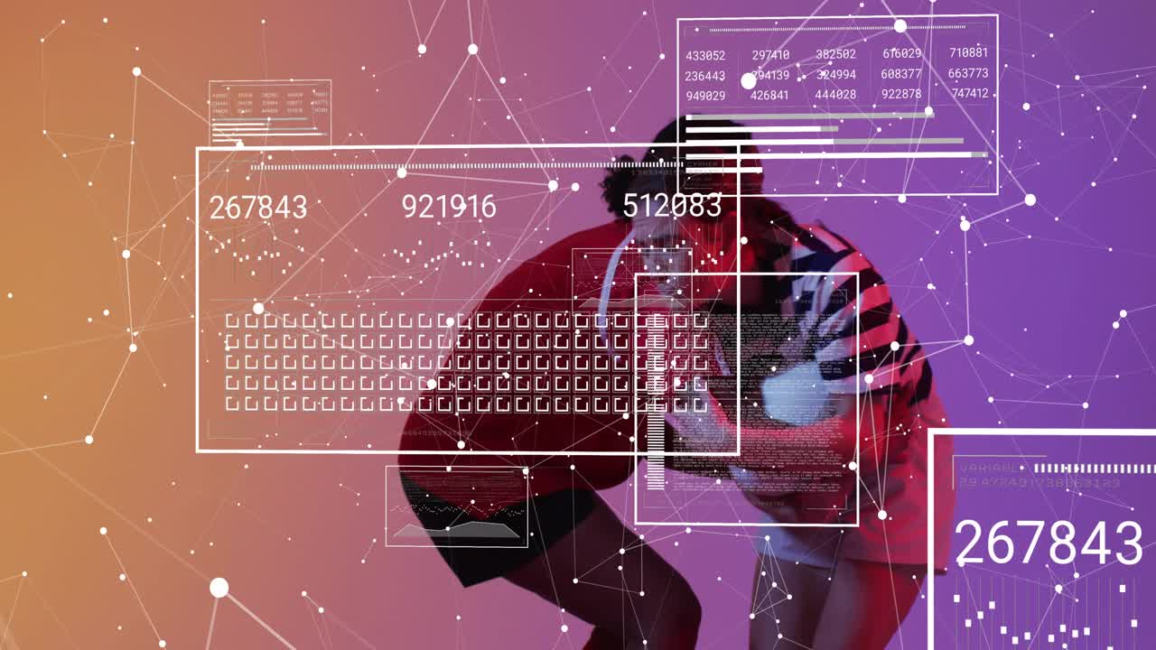 Locking eyes sending data panels sliding, athletes grappling on gradient for sports performance