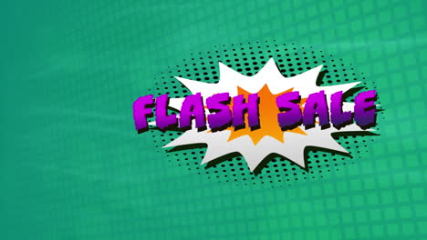 venta flash texto sobre burbuja de habla retro contra ondas digitales sobre fondo verde a rayas cuadradas