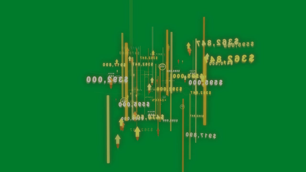Pulse on 3D cluster glowing, bars growing, camera entering, showing market data on transparent bg