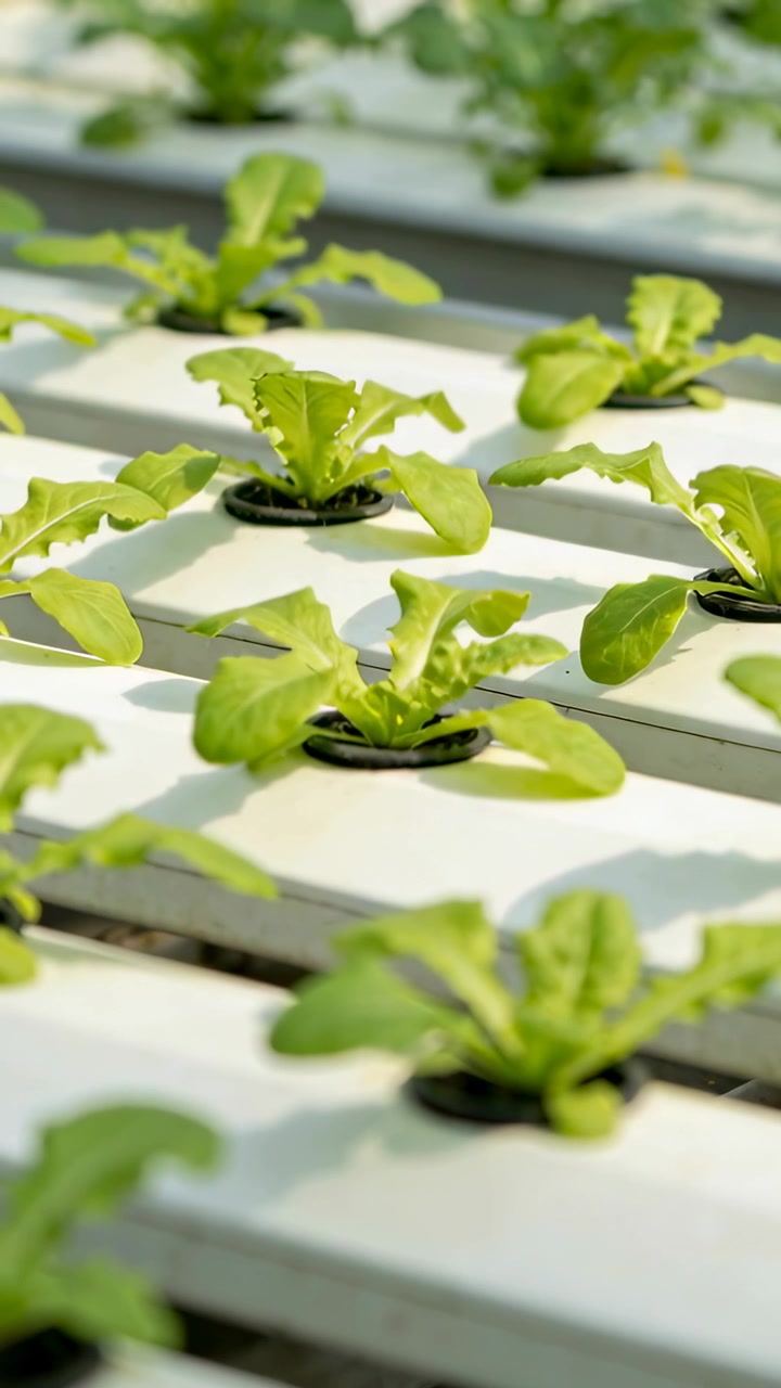 Vertical video: Tracking cam focus, revealing lettuce on white channels in greenhouse showing rows