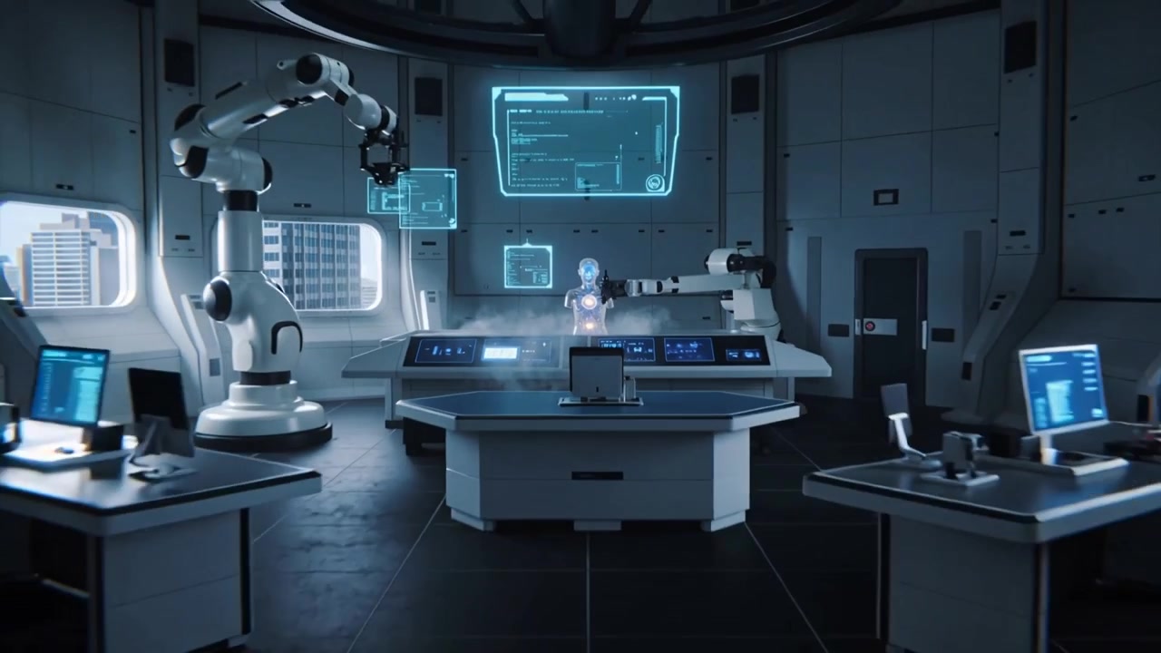 Powering chest core, clear android revealing wiring and holo panels on lab, moving arms diagnosing